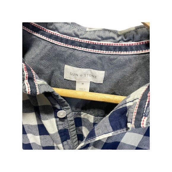 Sun + Stone Long Sleeve Button-Up Blue White Gingham Plaid M Preppy - Picture 4 of 5